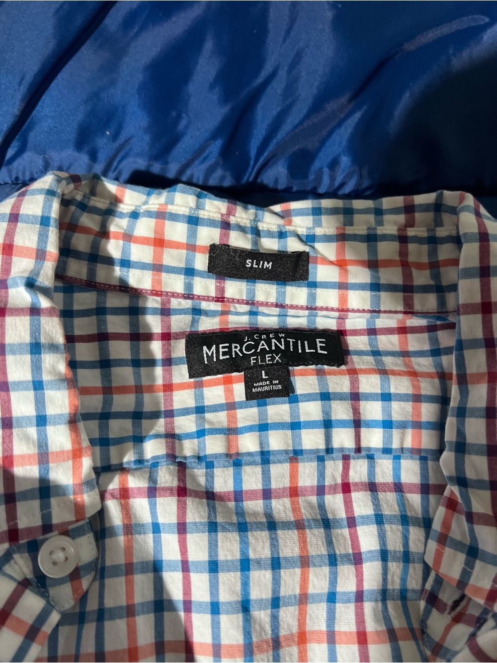 Men’s large J. Crew Slim Plaid Button-Up Shirt - White with Blue & Coral Check